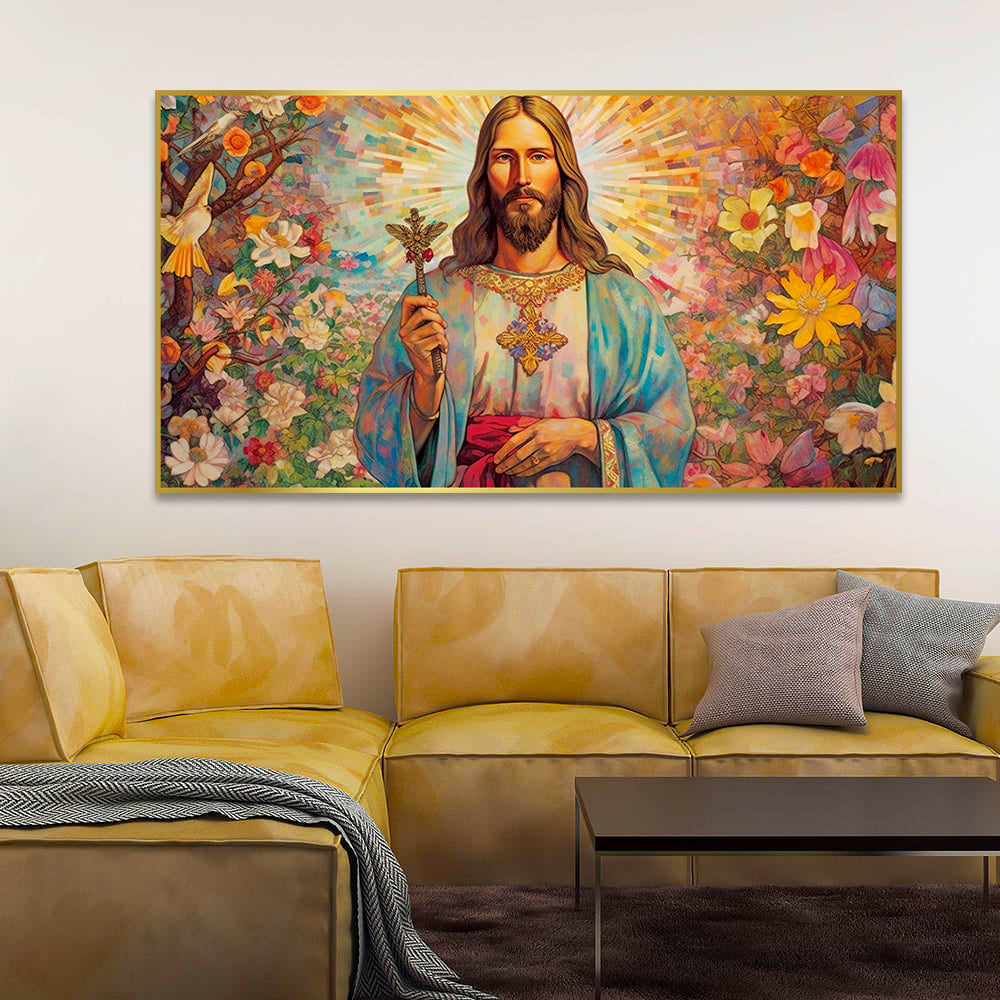 Vibrant Jesus Christ Cross Surrounded Wild Flowers Canvas Wall Paintings & Arts Main image