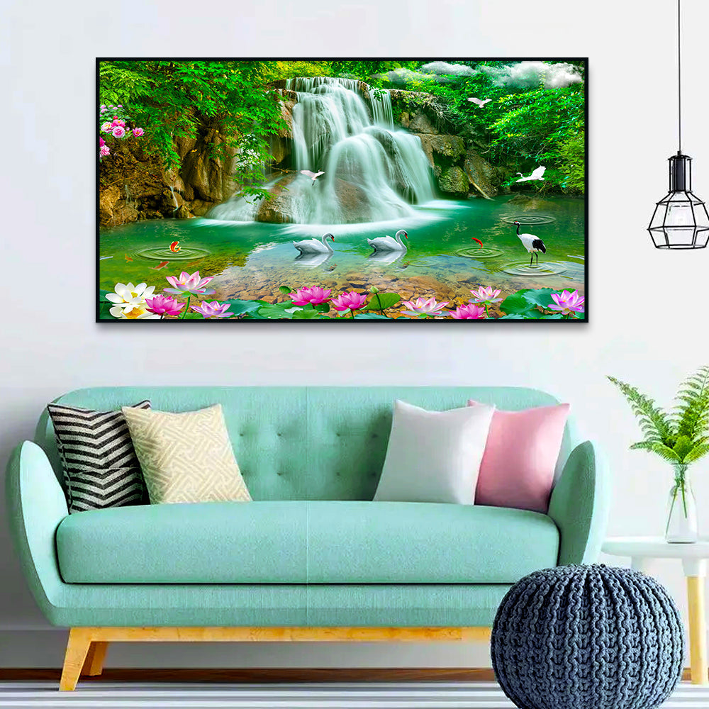 Waterfall in paradise, forest, pond, lotus, paradise, birds, waterfall, lilies, bonito  Canvas Wall Paintings & Arts Main image