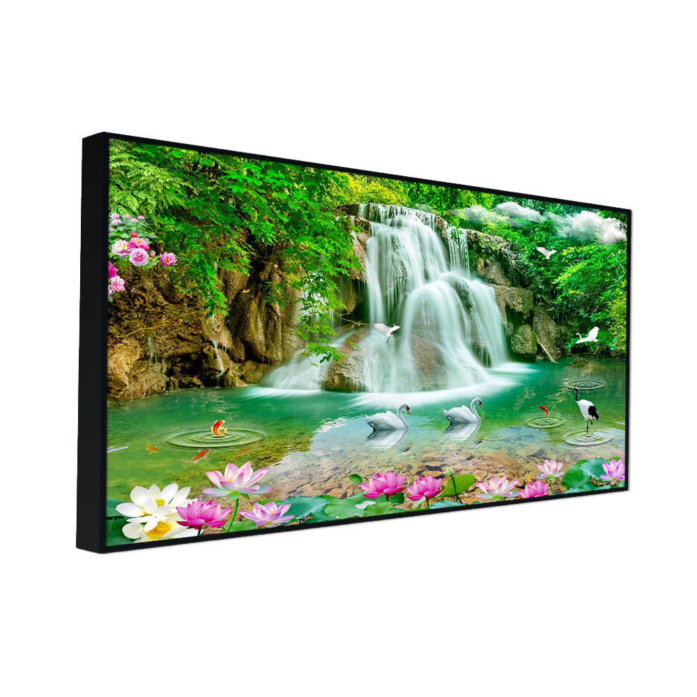 Waterfall in paradise, forest, pond, lotus, paradise, birds, waterfall, lilies, bonito  Canvas Wall Paintings & Arts Secondary image