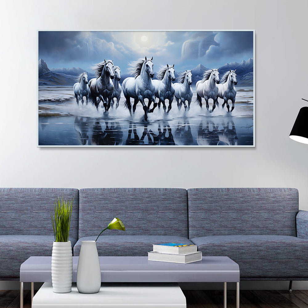 Beautiful Eight Running Light Blue Horses Vastu Canvas 3d Wall Painting With Framed Main image