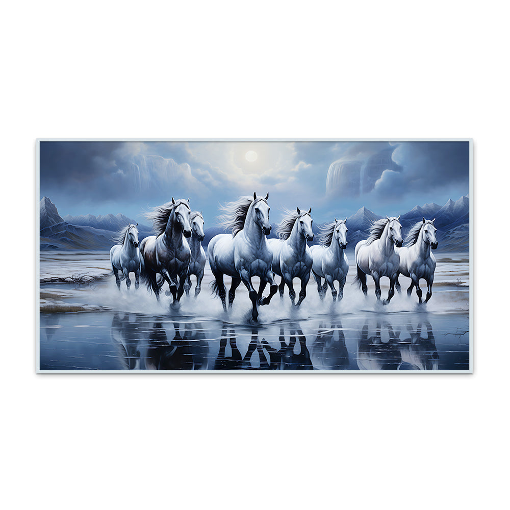 Beautiful Eight Running Light Blue Horses Vastu Canvas 3d Wall Painting With Framed Secondary image