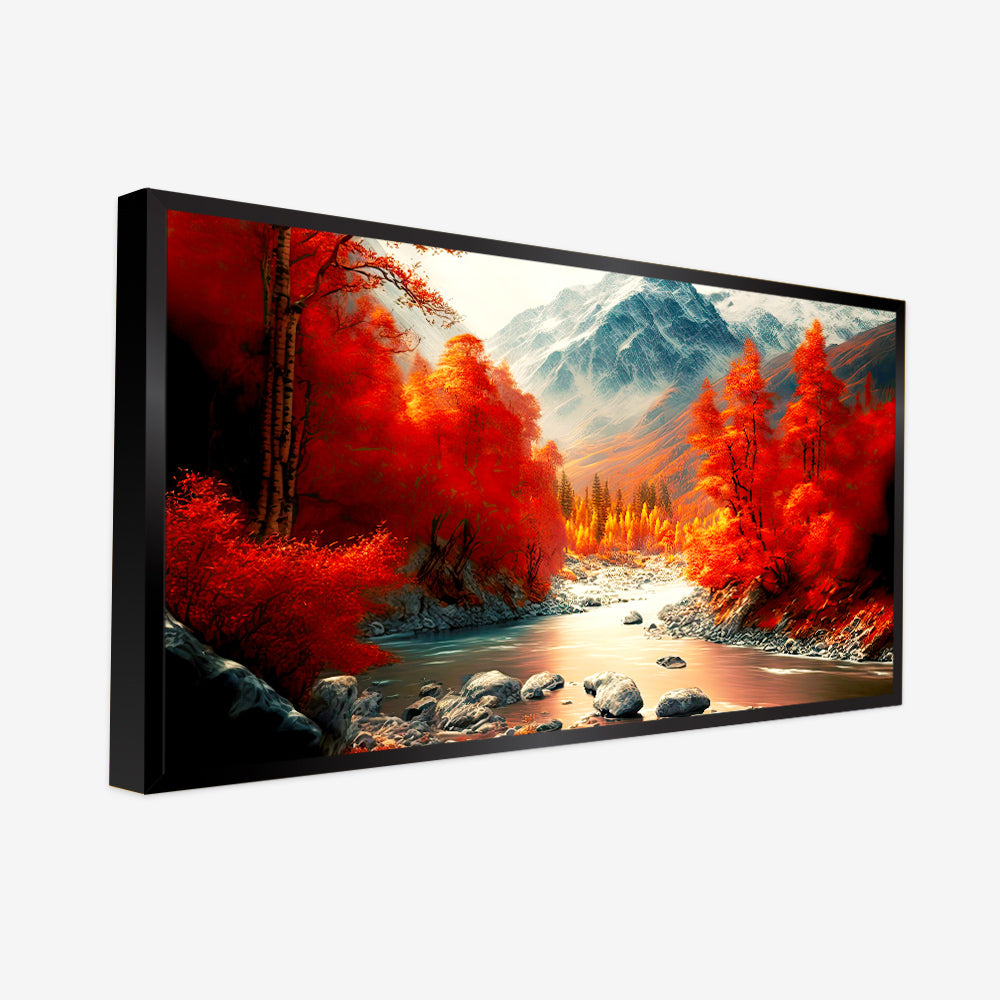 Beautiful Autumn Landscape in Red Yellow Tones with Bright Mountain River Wall Painting & Art Secondary image