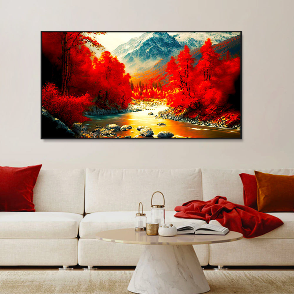 Beautiful Autumn Landscape in Red Yellow Tones with Bright Mountain River Wall Painting & Art Main image