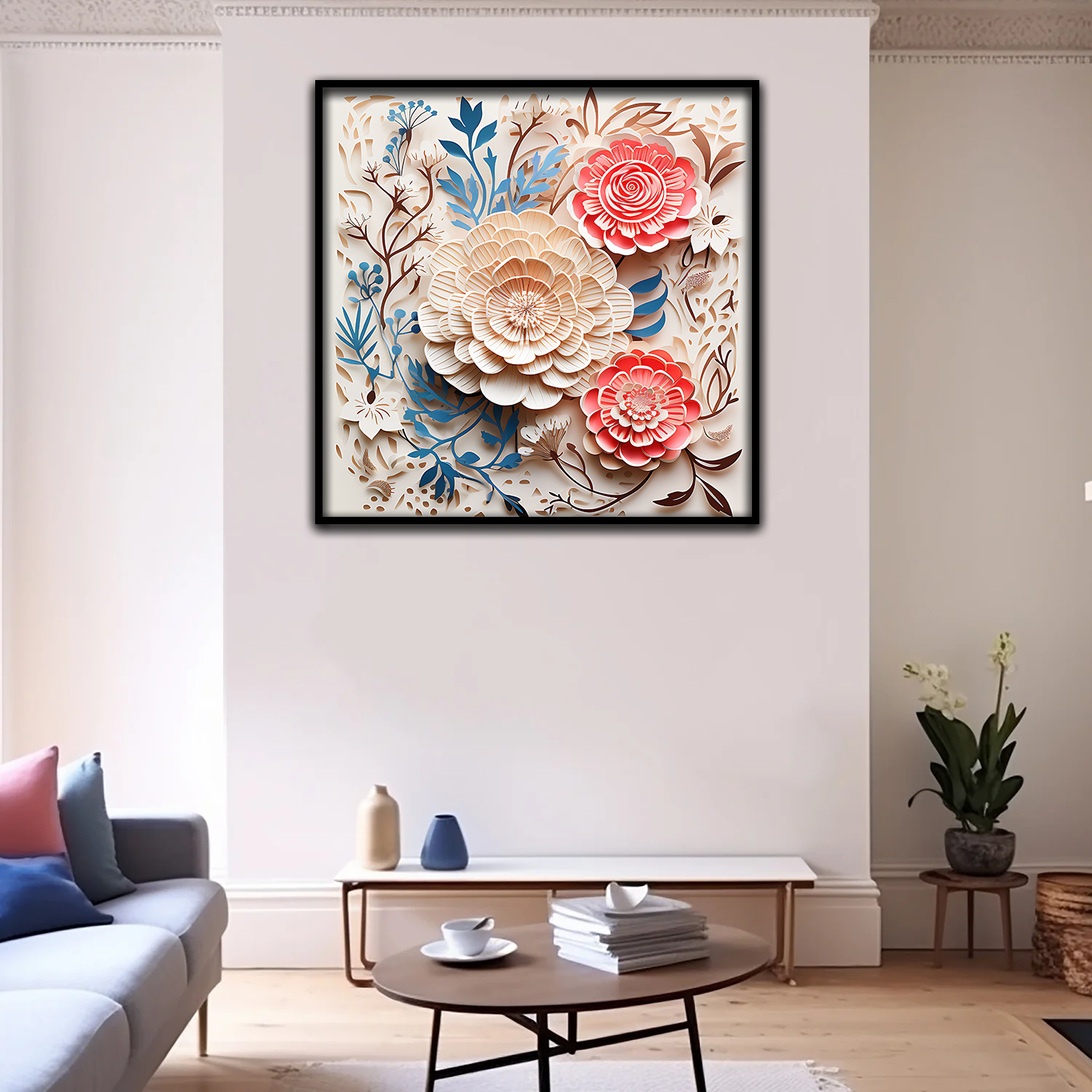 3D Floral Wall Art – Layered Beige and Coral Paper Flowers with Botanical Accents in Black Frame Secondary image