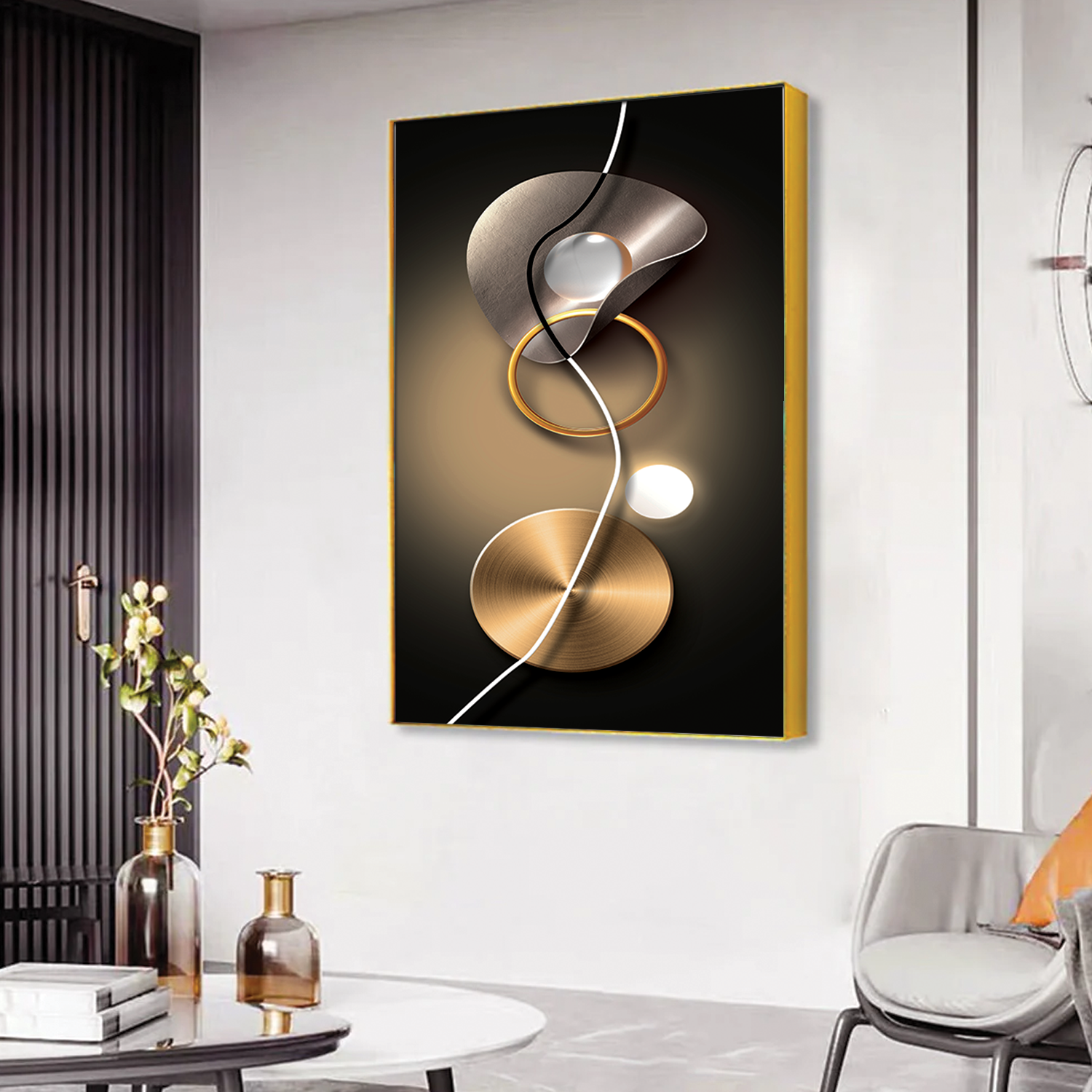 Acrylic Wall Paintings - 3D Geometry Abstract Stereo Art with Golden Background - Modern Fashion Wall Art