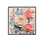 3D Floral Wall Art – Layered Beige and Coral Paper Flowers with Botanical Accents in Black Frame