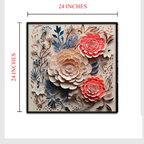 3D Floral Wall Art – Layered Beige and Coral Paper Flowers with Botanical Accents in Black Frame