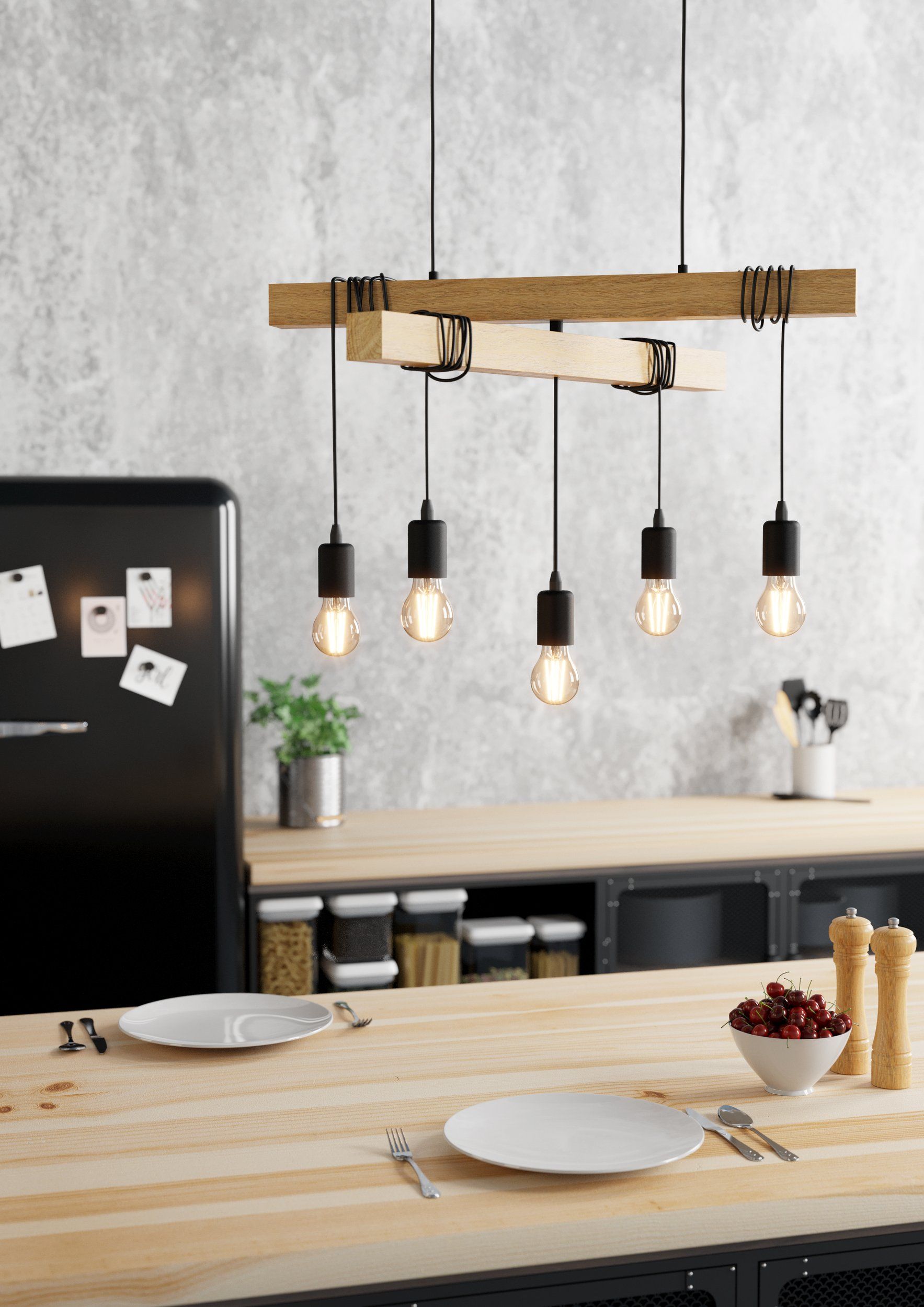 5 Light Black Steel Natural Wooden Bar Wooden Ceiling Light Main image
