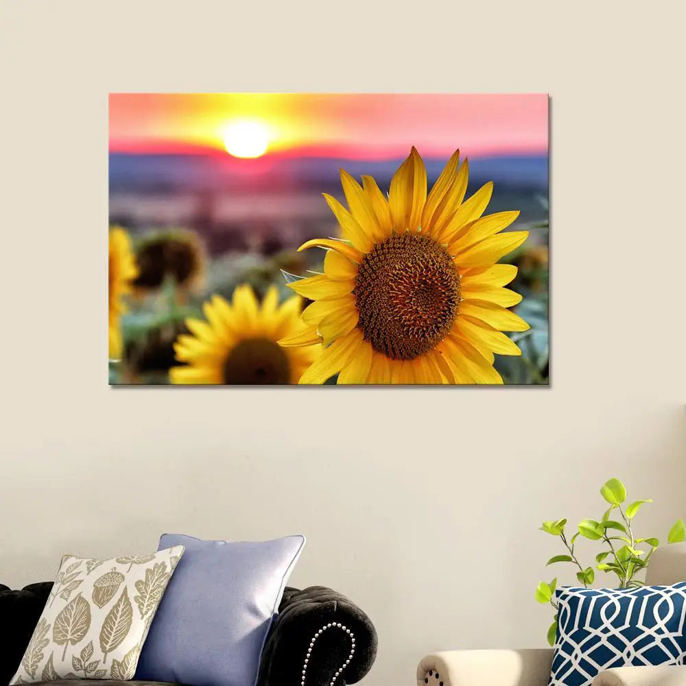 Sunflower With Sunset Scenery Canvas Prints Wooden Wall Painting Main image