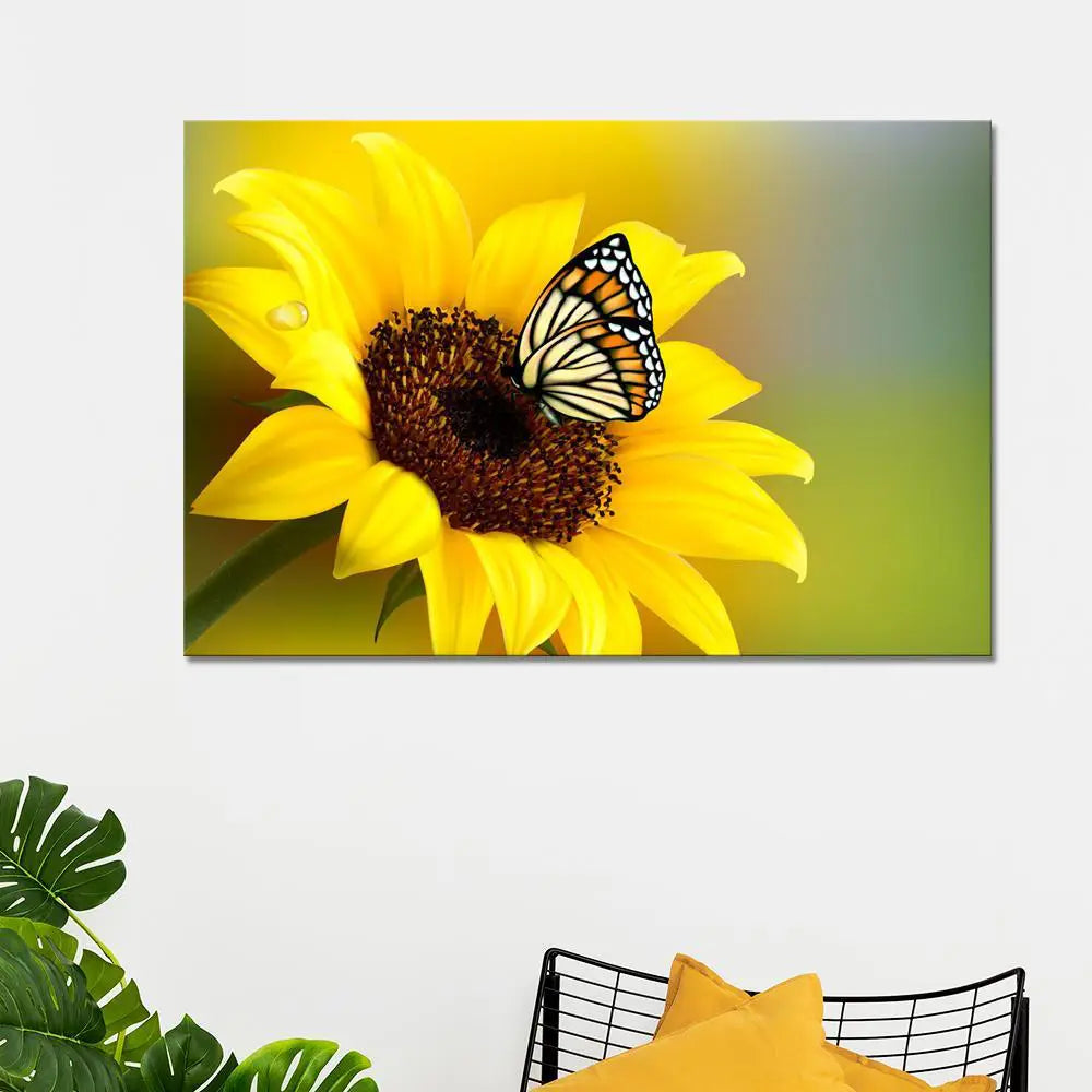 Sunflower With Butterfly Canvas Prints Wooden Wall Painting Main image
