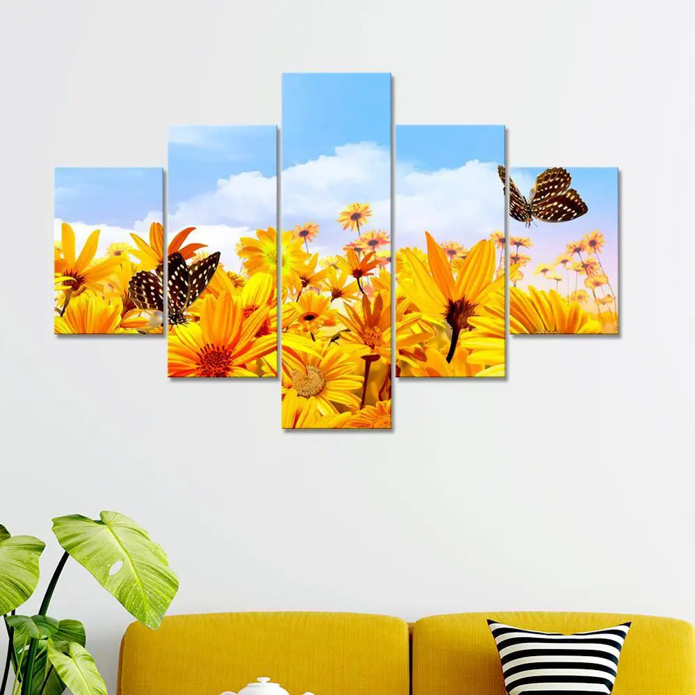Sunflower Garden With Butterfly  5 Pieces Canvas Print Wall Painting Main image