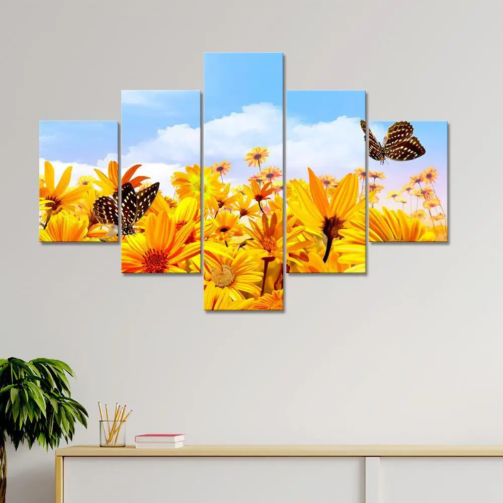 Sunflower Garden With Butterfly  5 Pieces Canvas Print Wall Painting Secondary image