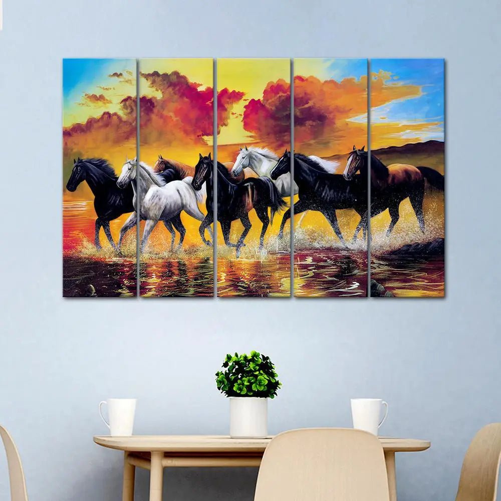 Seven Running Horses Wall Painting 4 Pieces Canvas Printed Painting Main image