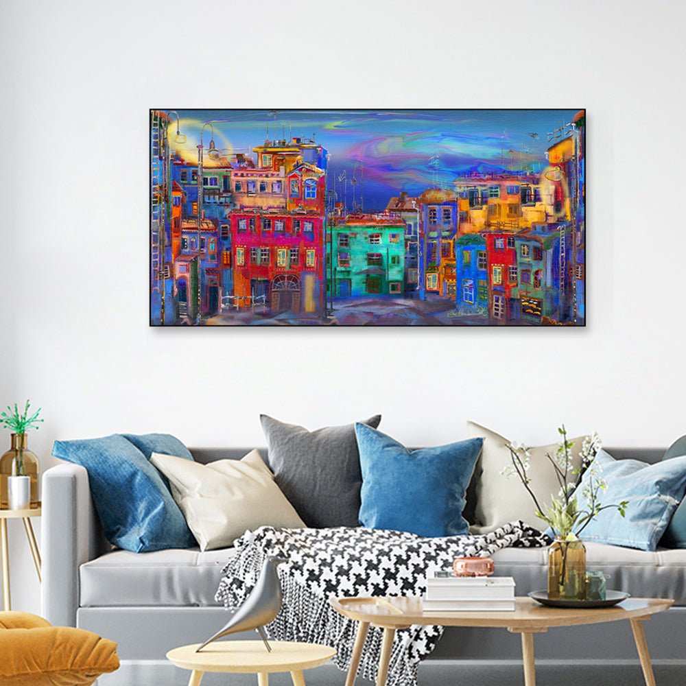 Vibrant homes in Evening street Framed Wall Art Main image