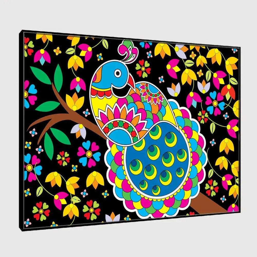 Beautiful Peacock Madhubani Painting /  Canvas Print  Stretched on Wood Bars 61 x 41cm Main image
