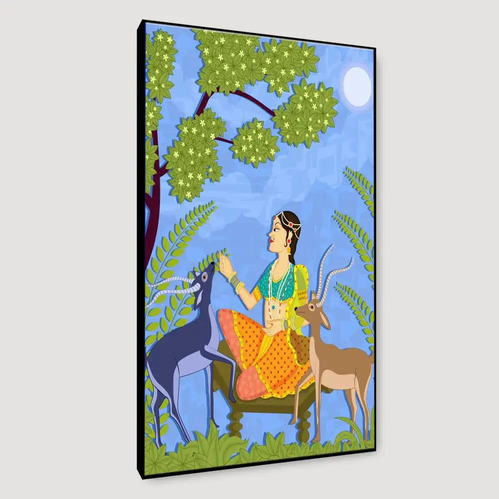 Beautiful Lady With Deer Madhubani Painting /  Canvas Print  Stretched on Wood Bars 61 x 41cm Main image