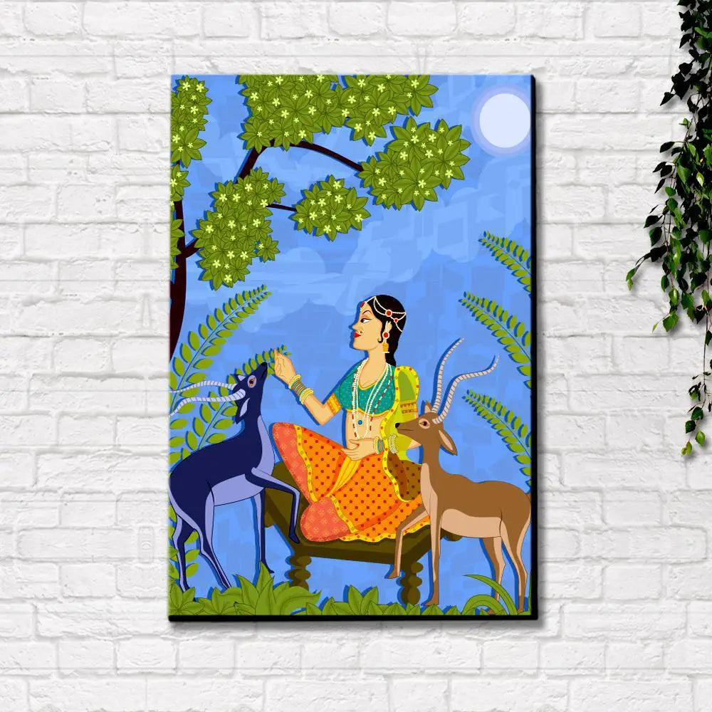 Beautiful Lady With Deer Madhubani Painting /  Canvas Print  Stretched on Wood Bars 61 x 41cm Secondary image