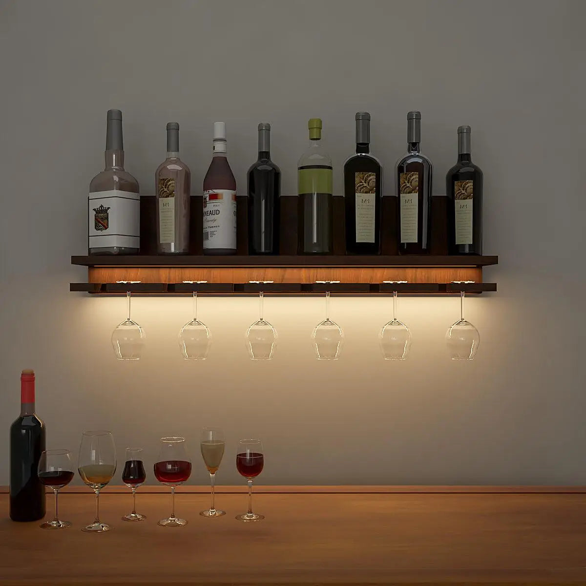Aesthetic Backlit MDF Bar Wall Shelf / Mini Bar Cabinet (Walnut Finish) Main image