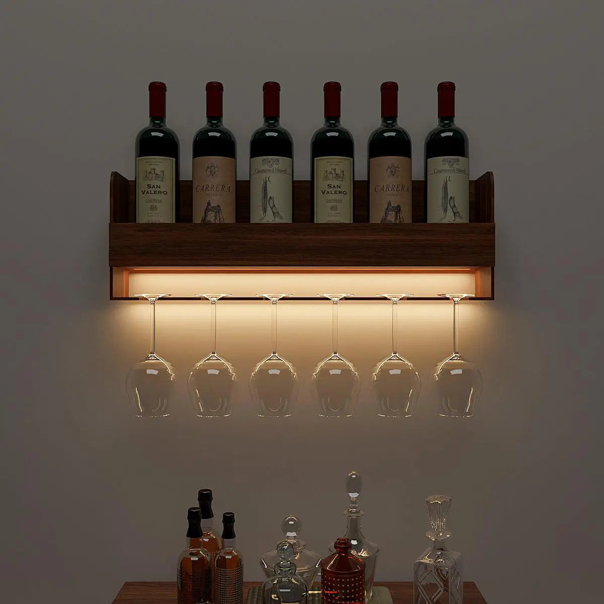 Backlit MDF Bar Wall Shelf-cum-Mini Bar Cabinet in Walnut Finish Main image
