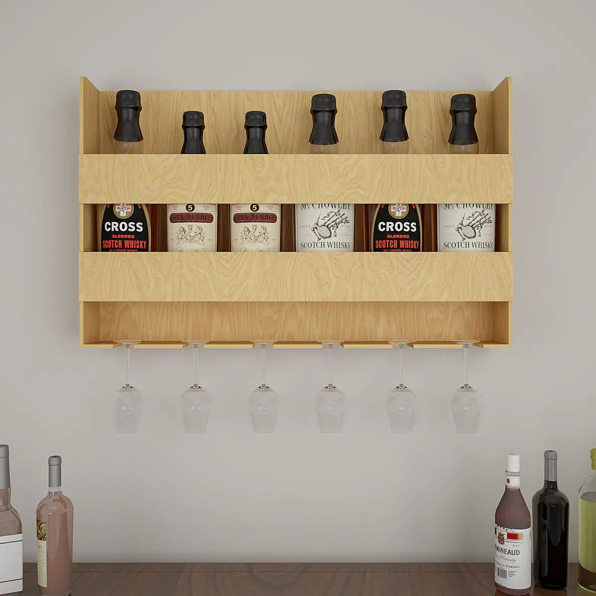 Aesthetic Backlit Wall Mounted Bar Shelf  in Light Oak Finish Secondary image