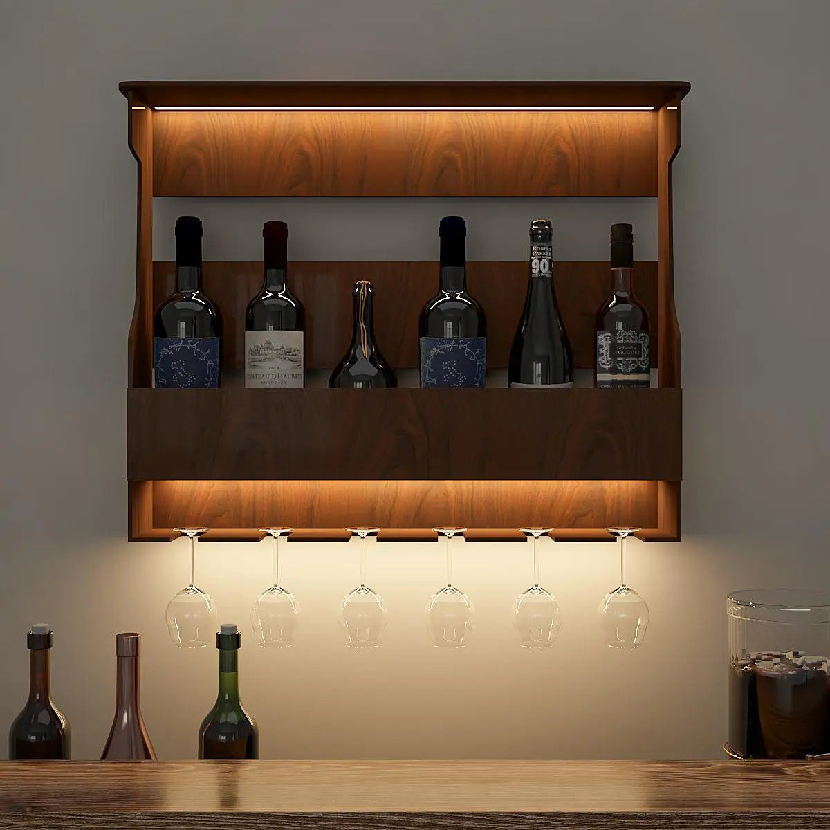 Backlit MDF Bar Wall Shelf / Mini Bar Cabinet in Walnut Finish Main image