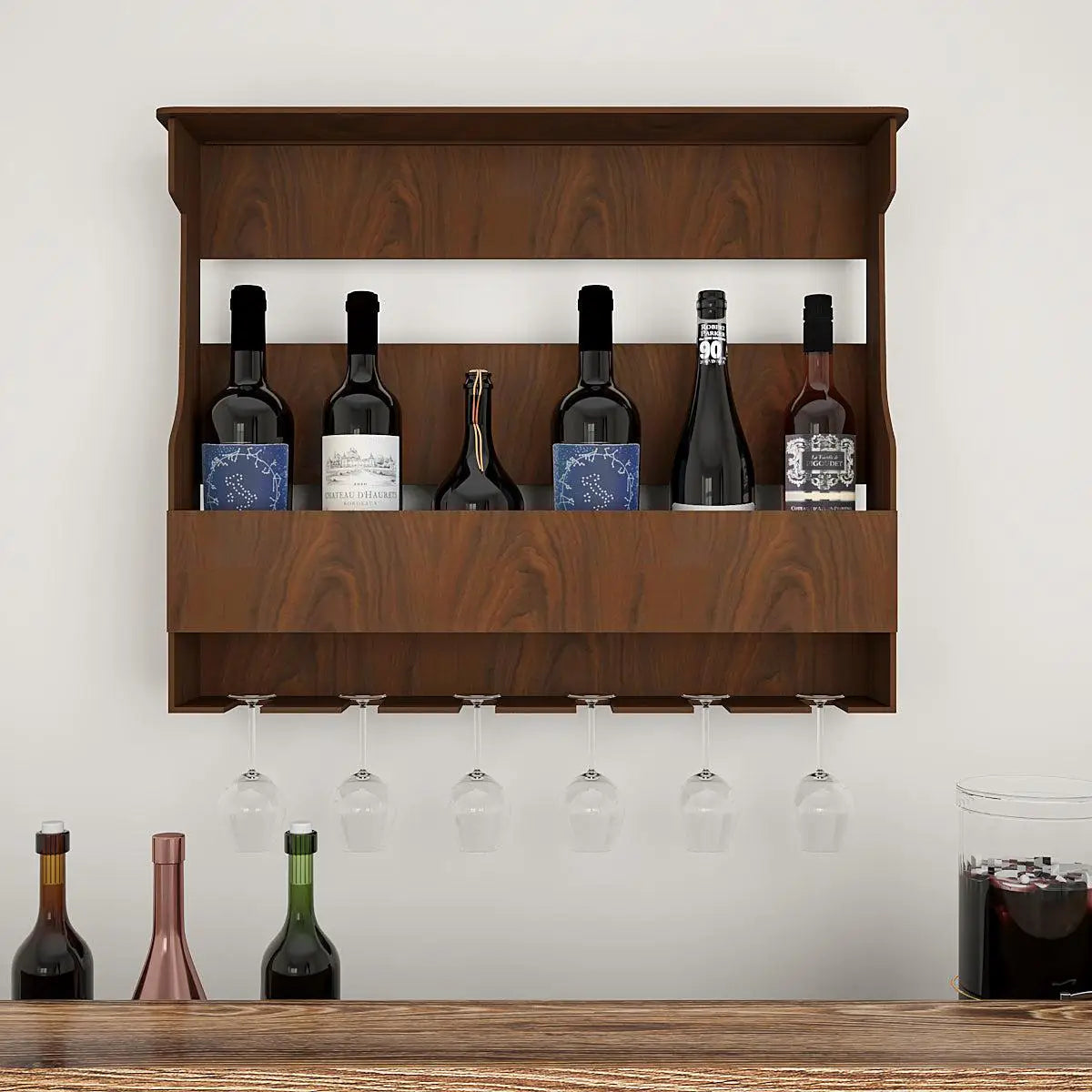 Backlit MDF Bar Wall Shelf / Mini Bar Cabinet in Walnut Finish Secondary image