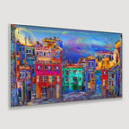 Vibrant homes in Evening street Framed Wall Art