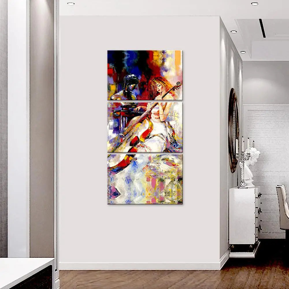 Beautiful Girl Playing Violin Wall Painting Wooden Framed 3 Pieces Canvas Painting Main image