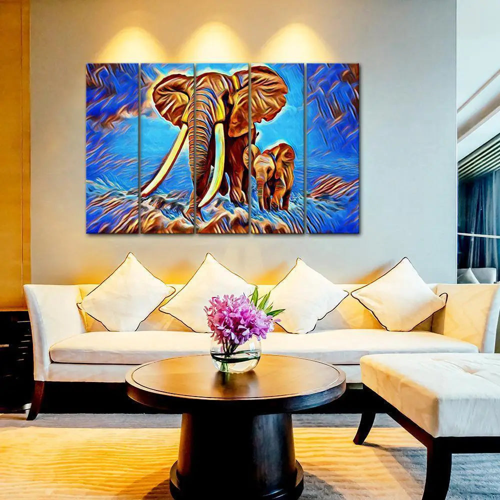 Abstract Baby Elephant With His Mother Canvas Wall Painting Main image