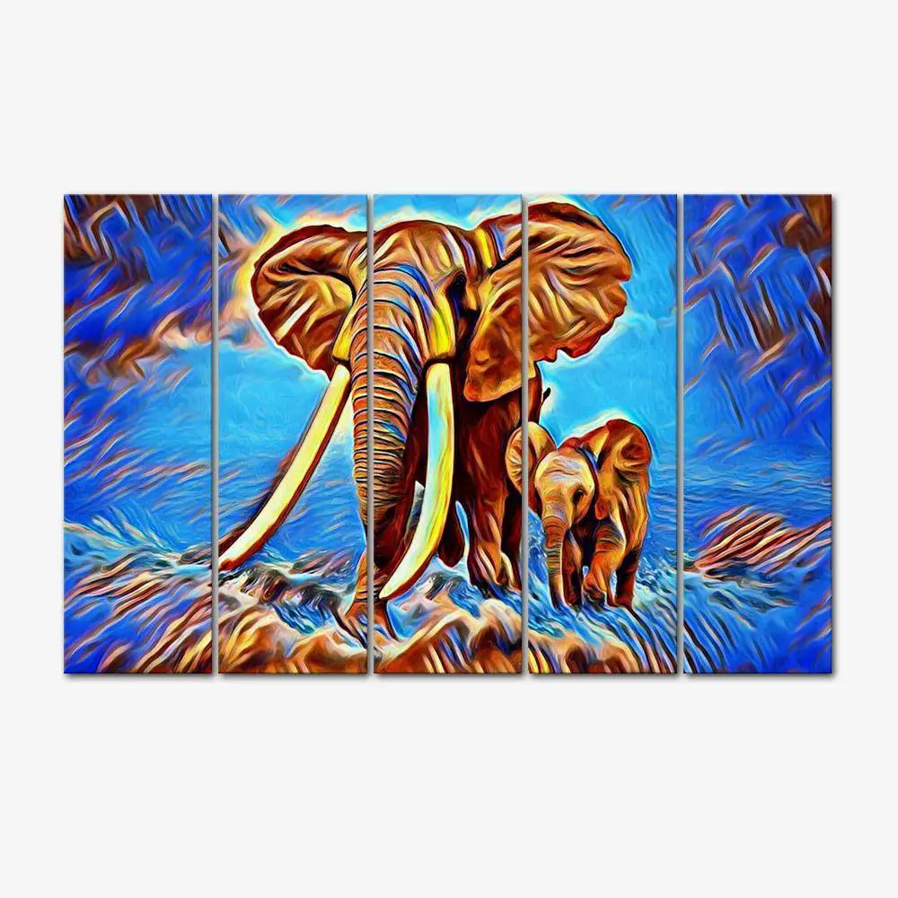 Abstract Baby Elephant With His Mother Canvas Wall Painting Secondary image