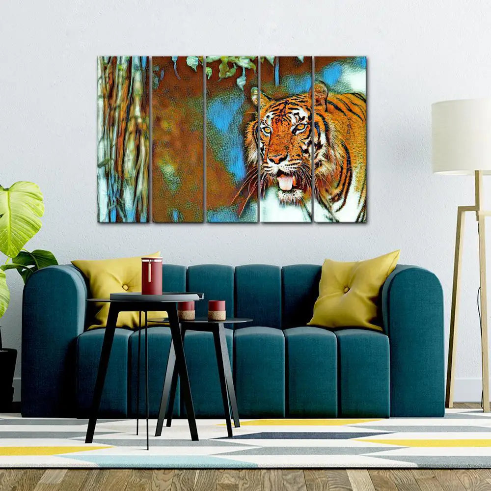 Abstract Tiger Canvas Wall Painting with 5 Panels Framed Main image