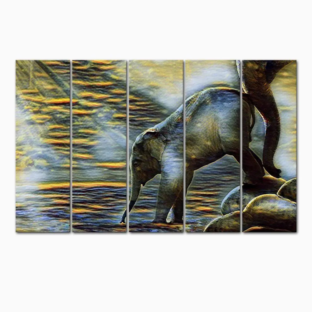 Baby Elephant drinking water Canvas Wall Painting Secondary image