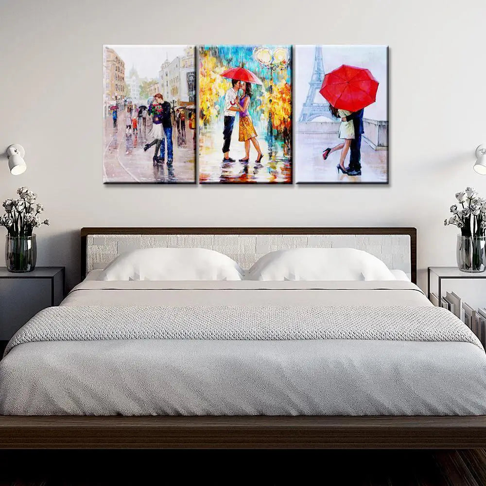 A Pair of lovers under an umbrella, Eiffel Tower, Paris,3 Pieces Canvas Printed Painting