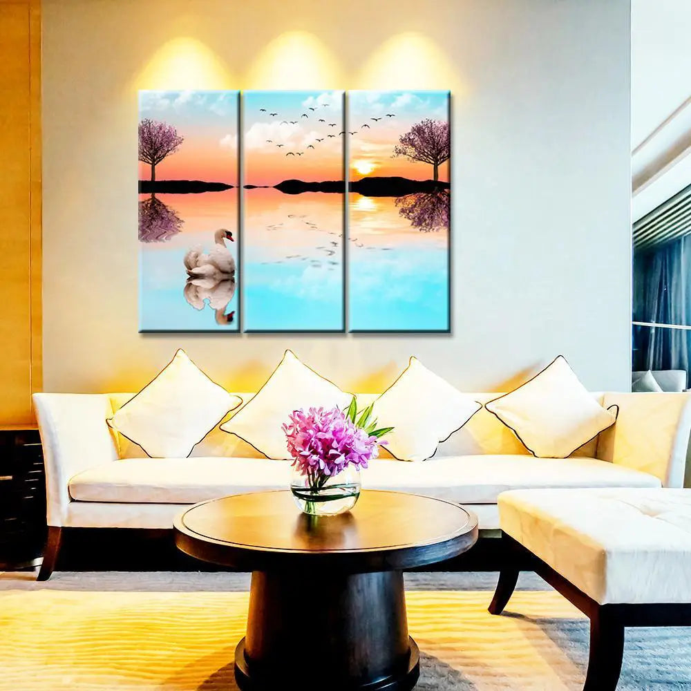 Beautiful Lake Sunrise with Swan 3 Pieces Wall Painting with Wooden Framed Main image
