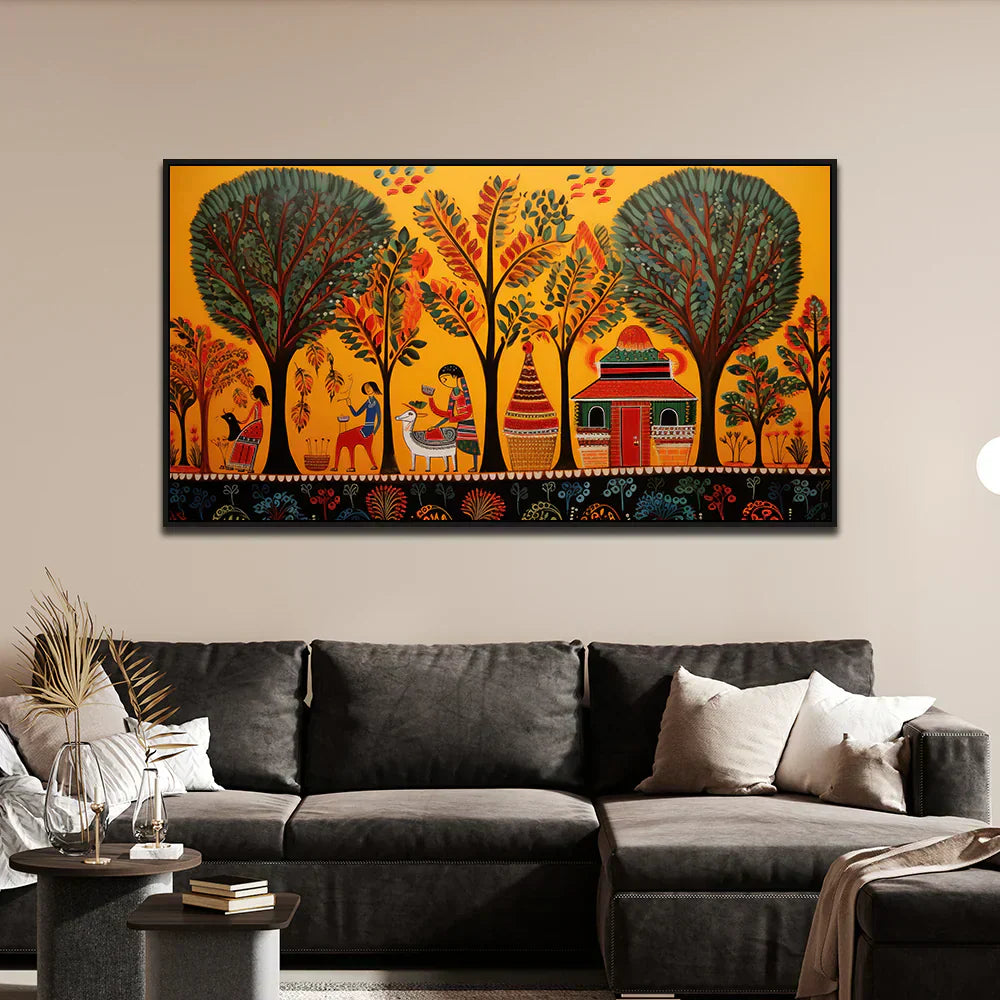 Traditional Madhubani Art Canvas Painting with Floating Frame Clearance Sale