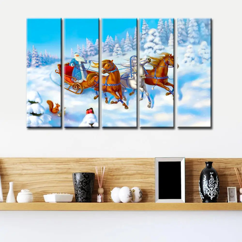 Santa Claus  With Sleigh Wooden Framed 5 Pieces Canvas Painting Main image