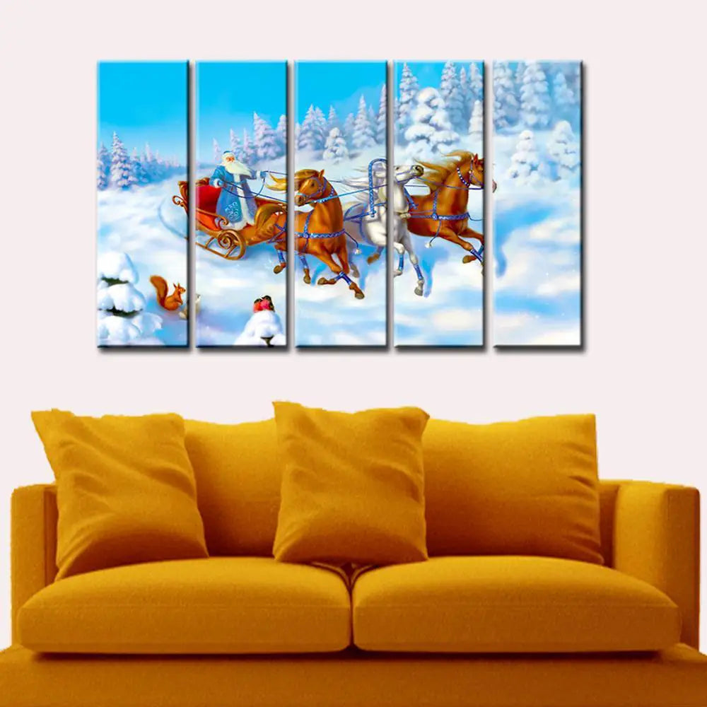 Santa Claus  With Sleigh Wooden Framed 5 Pieces Canvas Painting Secondary image