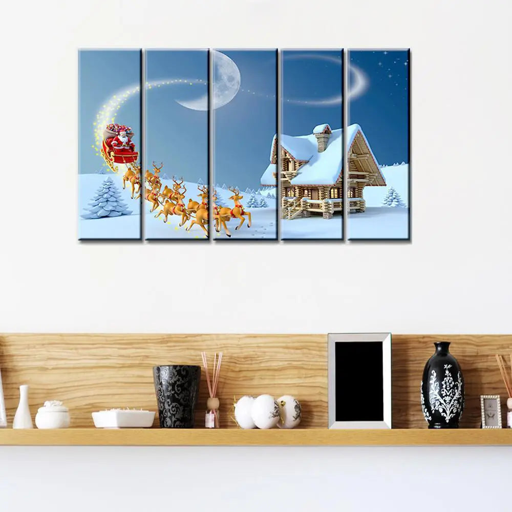 Santa With Sleigh Wooden Framed 5 Pieces Canvas Painting Main image