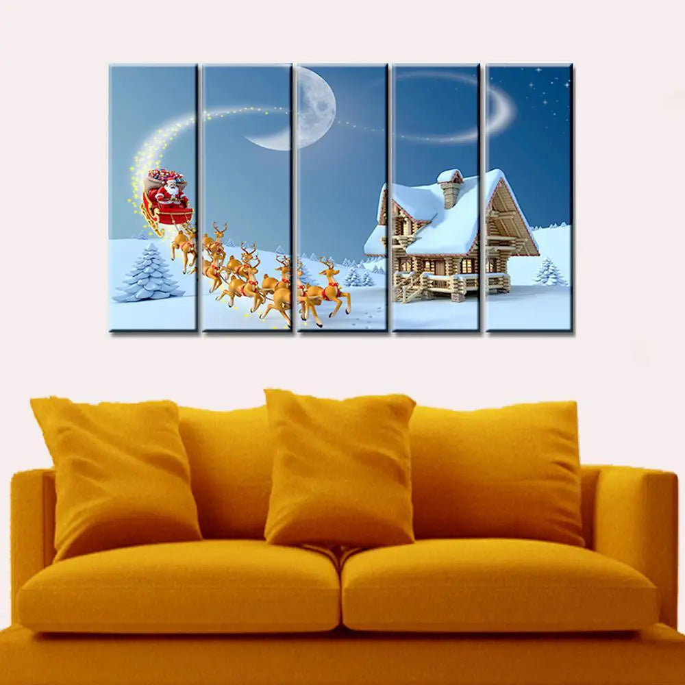 Santa With Sleigh Wooden Framed 5 Pieces Canvas Painting Secondary image
