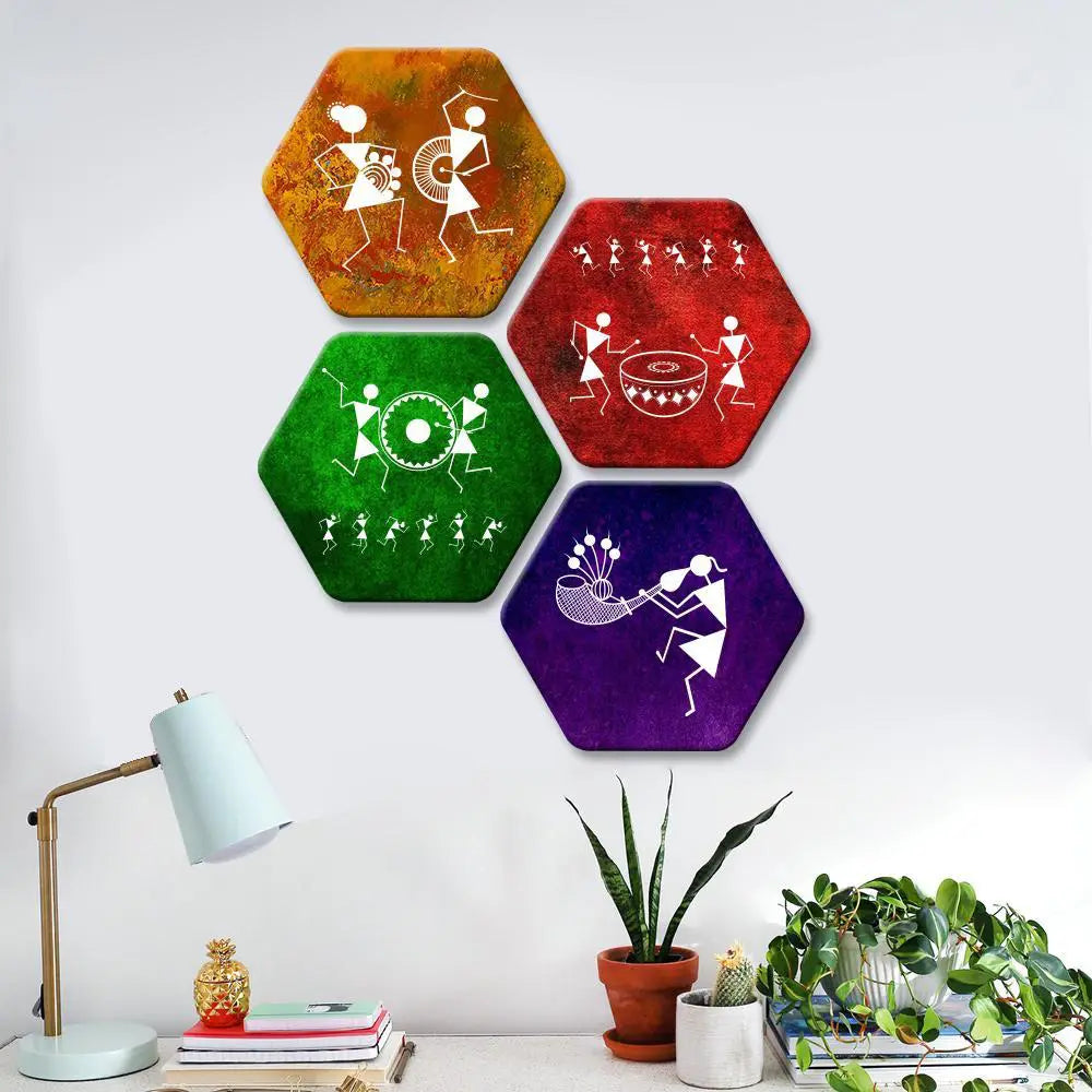 Set of 4 Beautiful Warli Art Hexagon Shape Canvas Wall Painting Main image