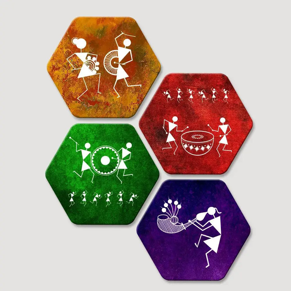 Set of 4 Beautiful Warli Art Hexagon Shape Canvas Wall Painting Secondary image