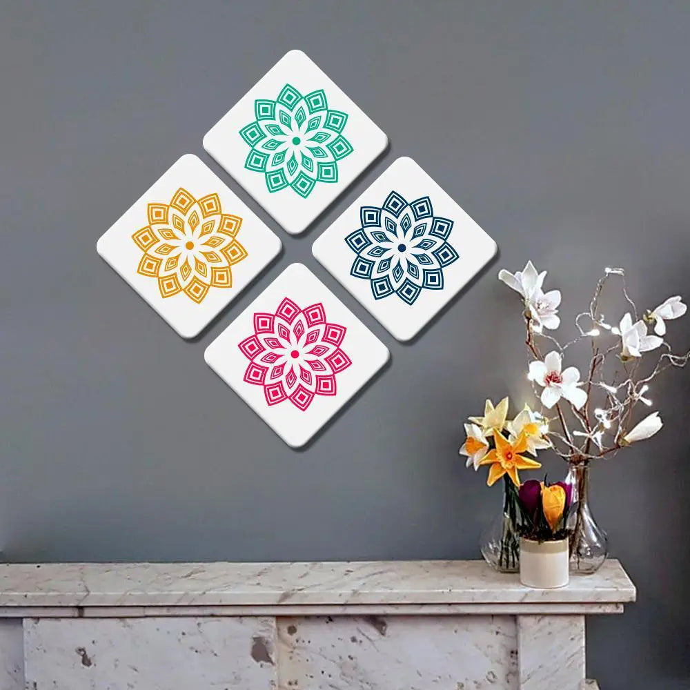 Set of 4 Beautiful Multi color Rangoli Squire Shape Canvas Wall Painting Main image