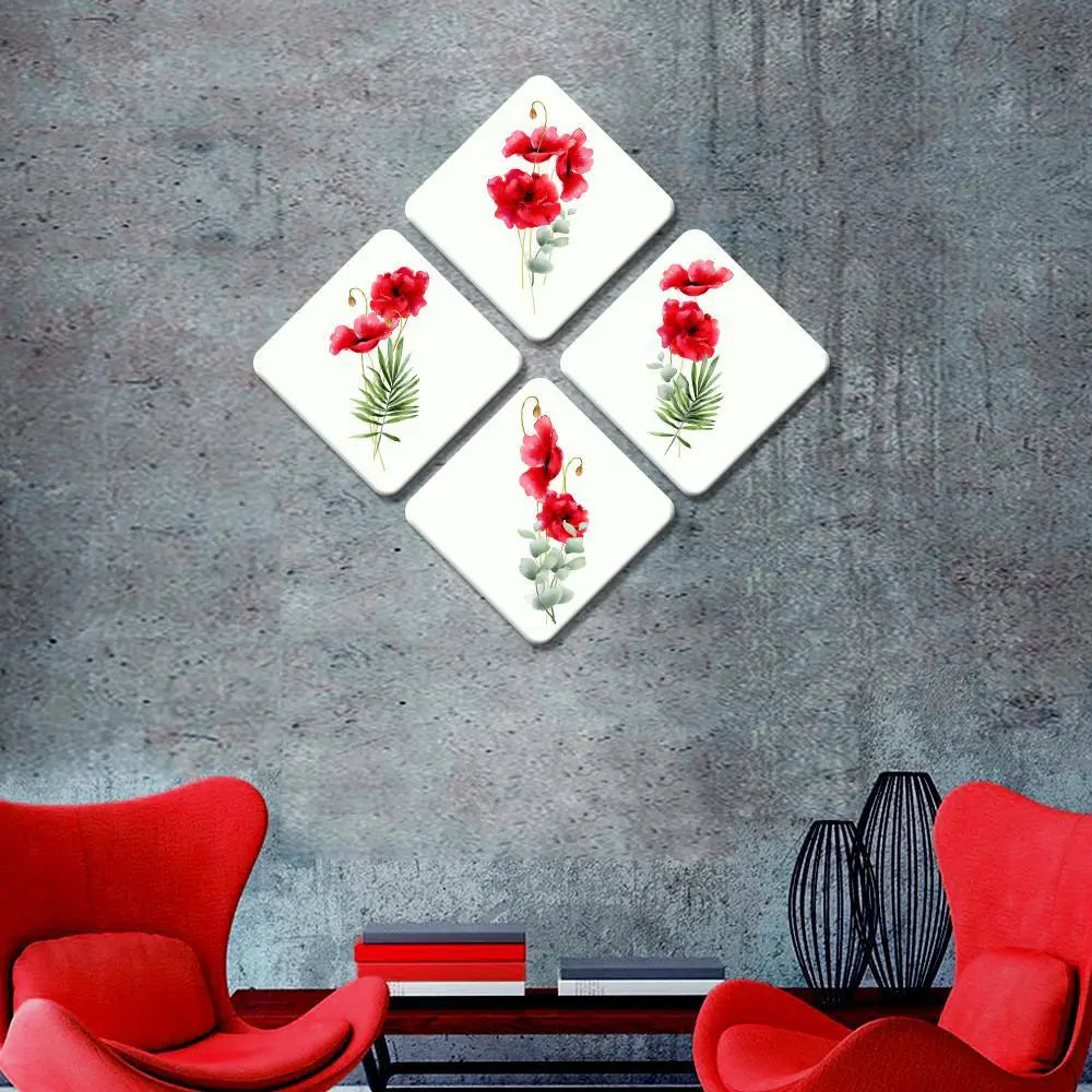 Set of 4 Beautiful Red Color Flowers Squire Shape Canvas Wall Painting Main image