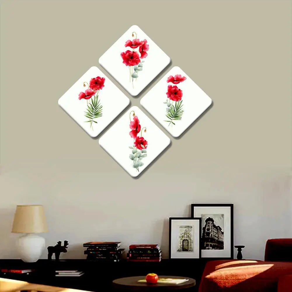 Set of 4 Beautiful Red Color Flowers Squire Shape Canvas Wall Painting Secondary image