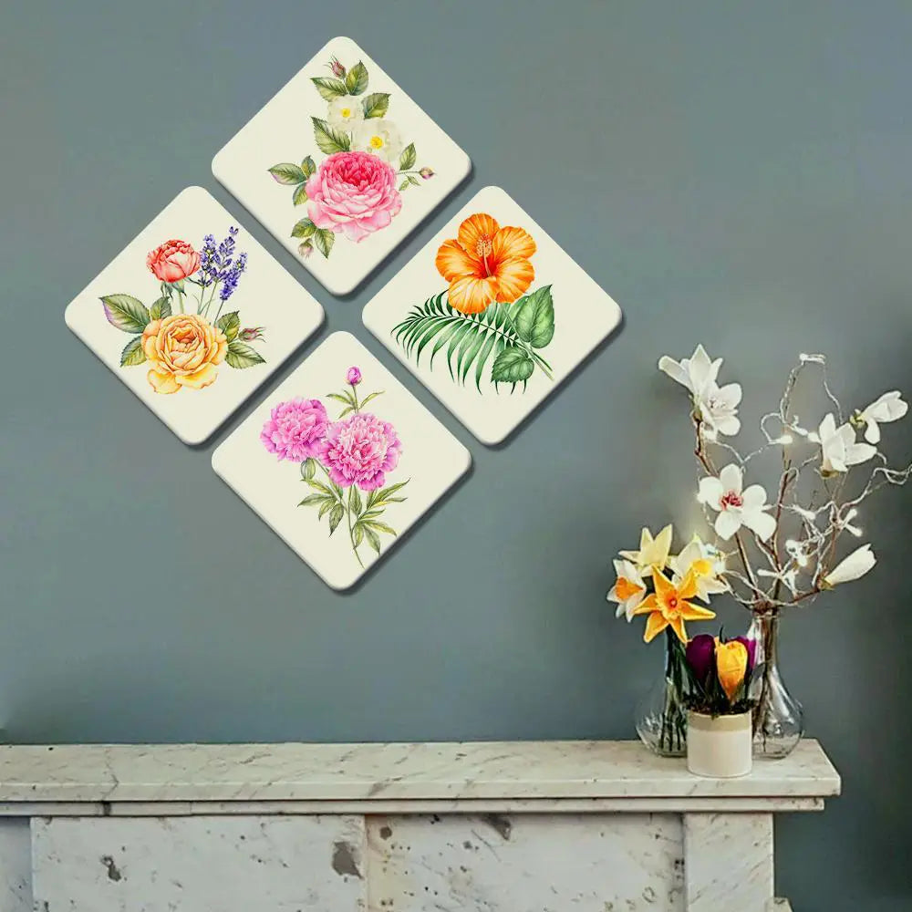 Set of 4 Beautiful Design Multi Color Flowers Squire Shape Canvas Wall Painting Main image