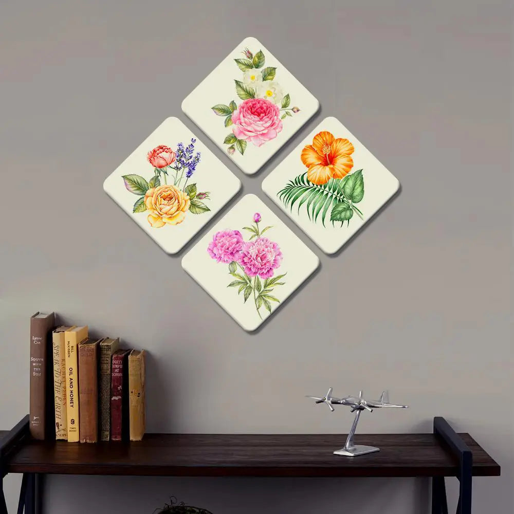 Set of 4 Beautiful Design Multi Color Flowers Squire Shape Canvas Wall Painting Secondary image