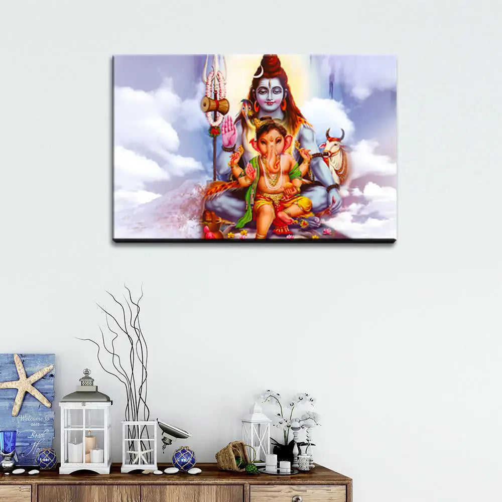 Shiva with Ganesha landscape Painting / Canvas Printed Painting Stretched on Wood Bars 61 x 41cm Main image