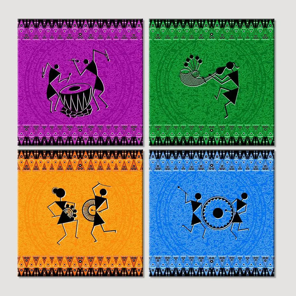 Traditional Warli Folk Art Painting Wall Hanging, Set of 4 Pieces Main image