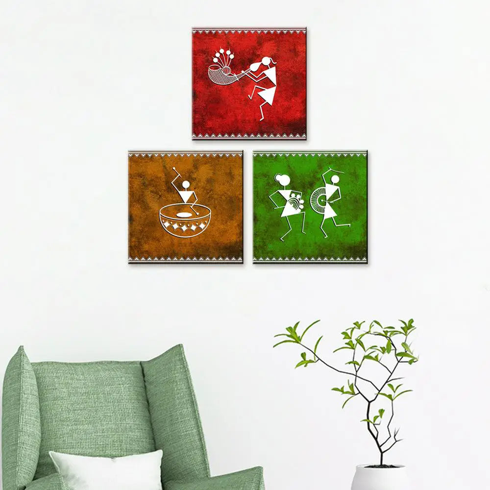 Warli Folk Traditional Art Painting Wall Hanging, Set of 3 Pieces Main image