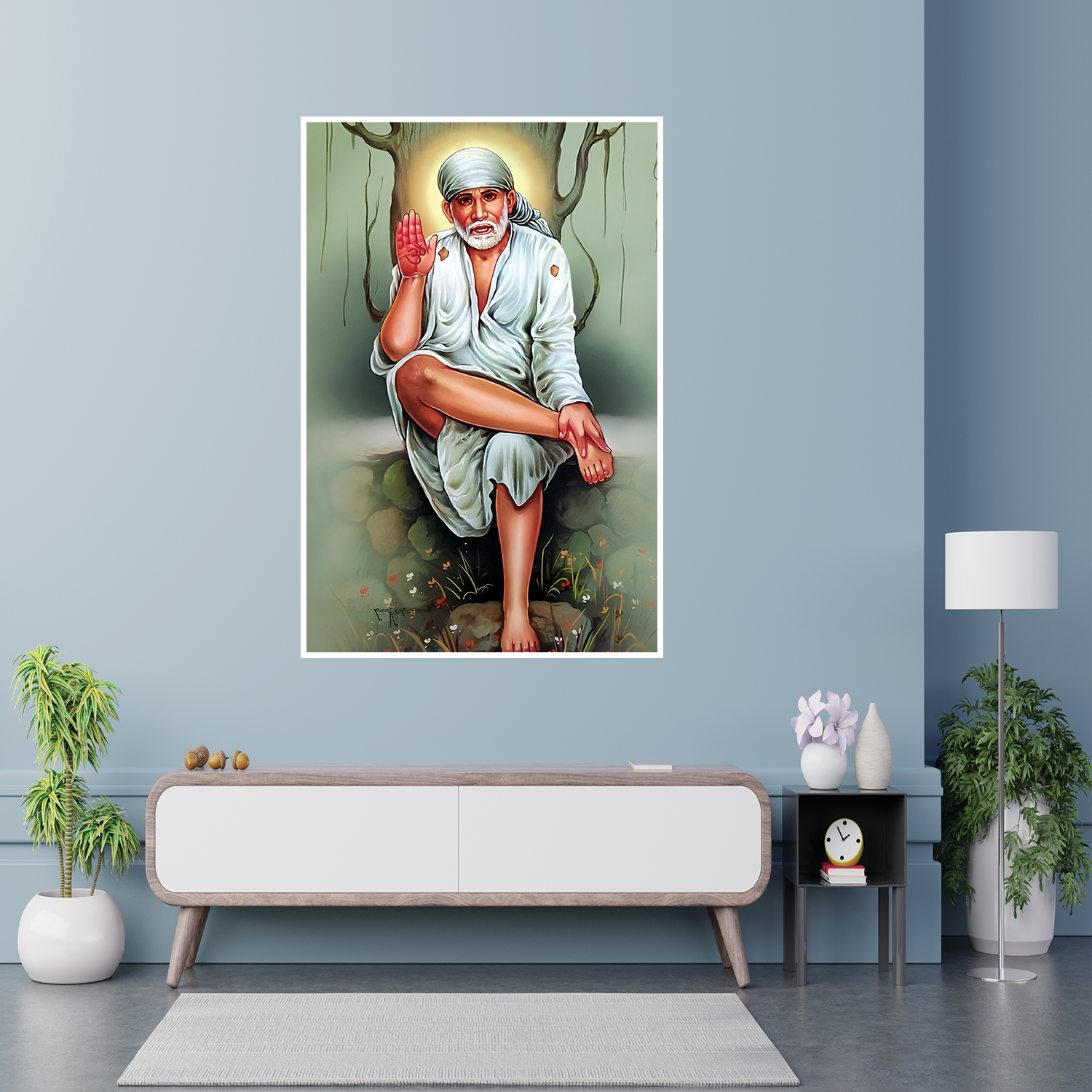 Spiritual Om Sai Ram Sai Baba Wall Painting for Puja Room Main image